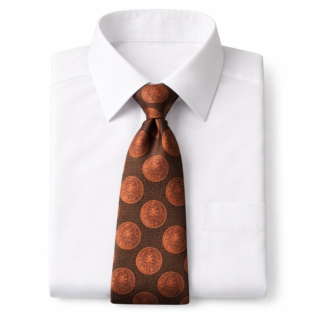 Beau Brummell Gentry Vintage Tie Mens Brown Orange Coin Crest Medallion Classic